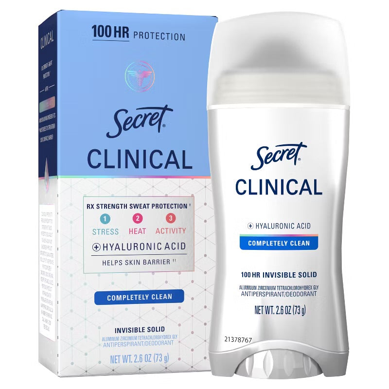 Secret Clinical 100HR Antiperspirant Deodorant for Women, Sweat & Odor Protection - Completely Clean - 2.6 oz: Paraben-Free, Under Arm Application