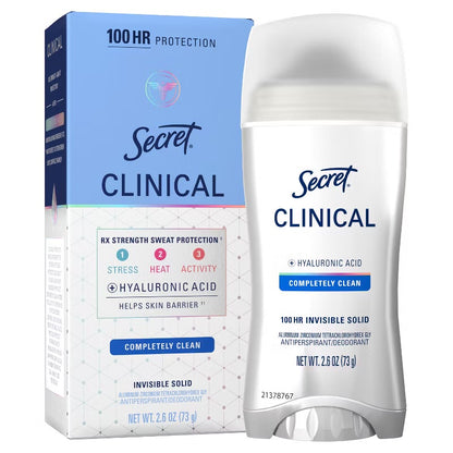 Secret Clinical 100HR Antiperspirant Deodorant for Women, Sweat & Odor Protection - Completely Clean - 2.6 oz: Paraben-Free, Under Arm Application