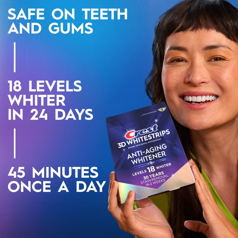 Crest 3DWhitestrips at Home Teeth Whitening, Anti-Aging Whitener, 18 Levels Whiter, 24 Treatments, 48 Strips