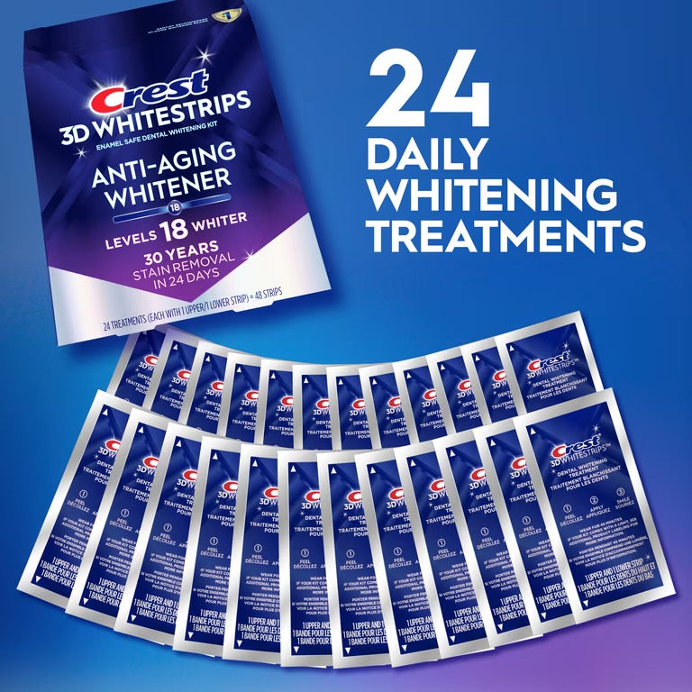 Crest 3DWhitestrips at Home Teeth Whitening, Anti-Aging Whitener, 18 Levels Whiter, 24 Treatments, 48 Strips