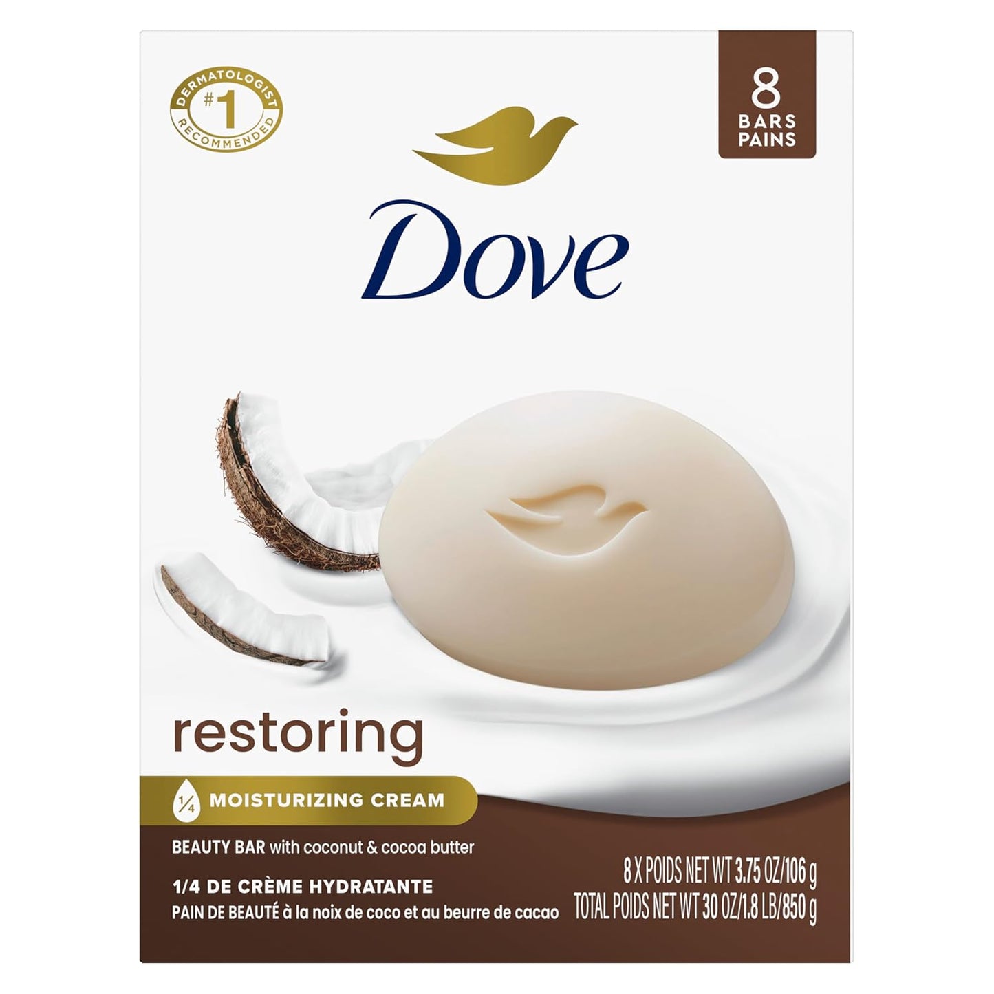 Dove Beauty Bar Women's Bath Soap Restoring Coconut & Cocoa Butter, 3.75 oz 8 Bars