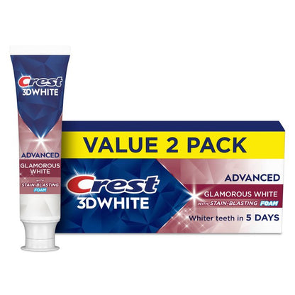 Crest Toothpaste, 3D White Advanced Glam White Whitening Toothpaste, 3.3 oz, Pack of 2