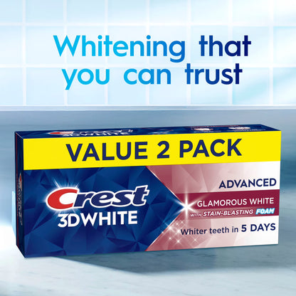 Crest Toothpaste, 3D White Advanced Glam White Whitening Toothpaste, 3.3 oz, Pack of 2